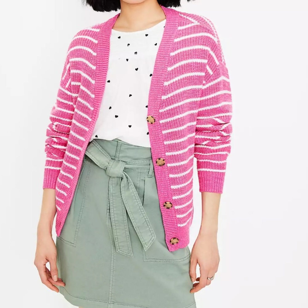LOFT Striped Relaxed V-Neck Cardigan Size M